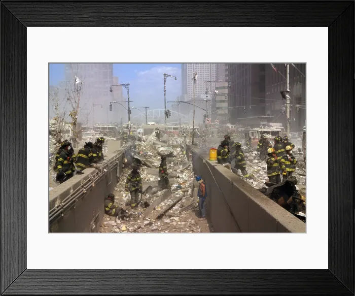 Framed Print : Fireman and other rescue workers on the northwest corner of the World Trade Center site