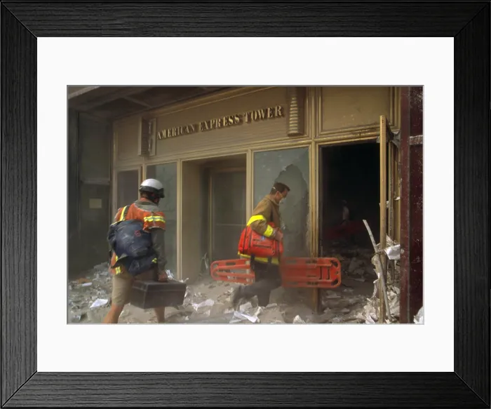 Framed Print : Rescue workers enter the American Express Tower, World Financial Center 3, following 9-11 terrorist attack