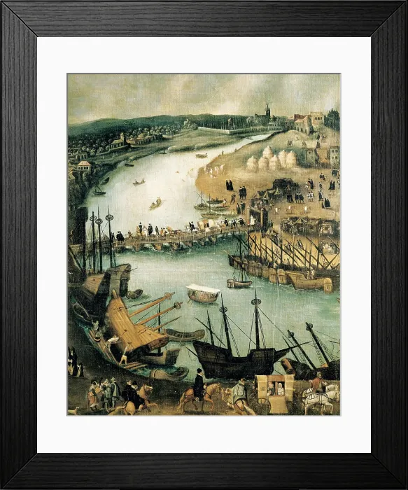 Framed Print : SANCHEZ COELLO, Alonso (1531-1588). The Port of Sevilla. end 16th c. Left detail. Renaissance art. Oil on canvas. SPAIN. Madrid. America's Museum