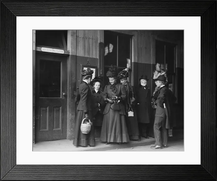 Framed Print : Andrew Carnegie with white beard his wife Louise 3rd from left and their daughter Margaret 2nd from left at a New York City railroad station. Ca. 1910. (BSLOC_2010_18_19) Framed Print : Andrew Carnegie with white beard his wife Louise 3rd from left and their daughter Margaret 2nd from left at a New York City railroad station. Ca. 1910. (BSLOC_2010_18_19)