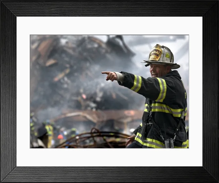 Framed Print : A NY Fire Department Deputy Chief calls for rescue teams at Ground Zero on Sept. 16, 2001. World Trade Center, New York City, after September 11, 2001 terrorist attacks. U.S Framed Print : A NY Fire Department Deputy Chief calls for rescue teams at Ground Zero on Sept. 16, 2001. World Trade Center, New York City, after September 11, 2001 terrorist attacks. U.S