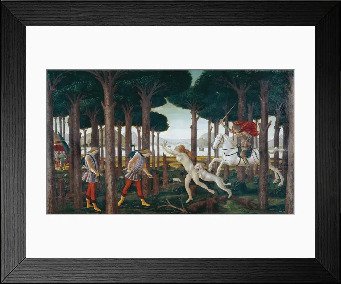 Framed Print : BOTTICELLI, Alessandro di Mariano dei Filipepi, also called Sandro (1445-1510). The Story of Nastagio degli Onesti: Nastagio's Vision of the Ghostly Pursuit in the Forest