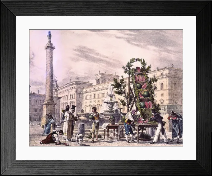 Framed Print : Sellers of Cucumbers in COlonna Square, by Antoine Jean-Baptiste Thomas, 19th century, print - Italy, Lazio, Rome, Montecitorio