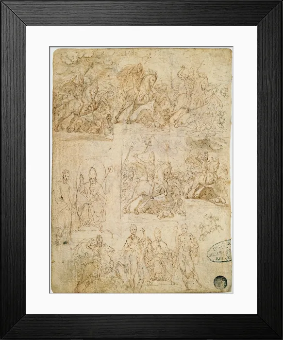Framed Print : Study for St Ambrose on Horseback Chasing the Arians St Ambrose between two Saints, by Figino Giovanni Ambrogio, 16th Century -17th Century, 1550 -1608, red chalk, brown ink