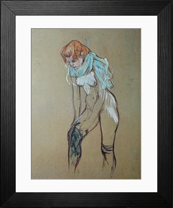 Framed Print : Woman putting a stocking on (Femme qui tire son bas), by Henri de Toulouse-Lautrec, 1894, 19th Century, oil on cardboard, 61, 5 x 44, 5 cm - France, Albi, Toulouse-Lautrec Museum