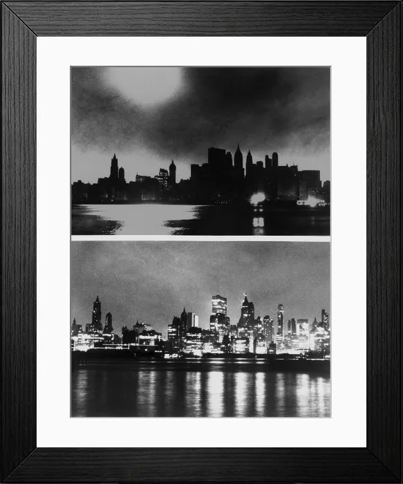 Framed Print : During and after photos of New York City's Manhattan skyline November 9-10, 1965, when the lights went out for 12 hours in the Northeast States and Canada