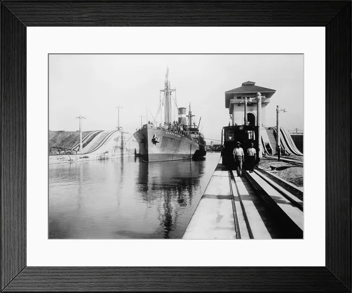 Framed Print : Ship moves through the Miraflores Lock of Panama Canal, ca. 1915 Framed Print : Ship moves through the Miraflores Lock of Panama Canal, ca. 1915