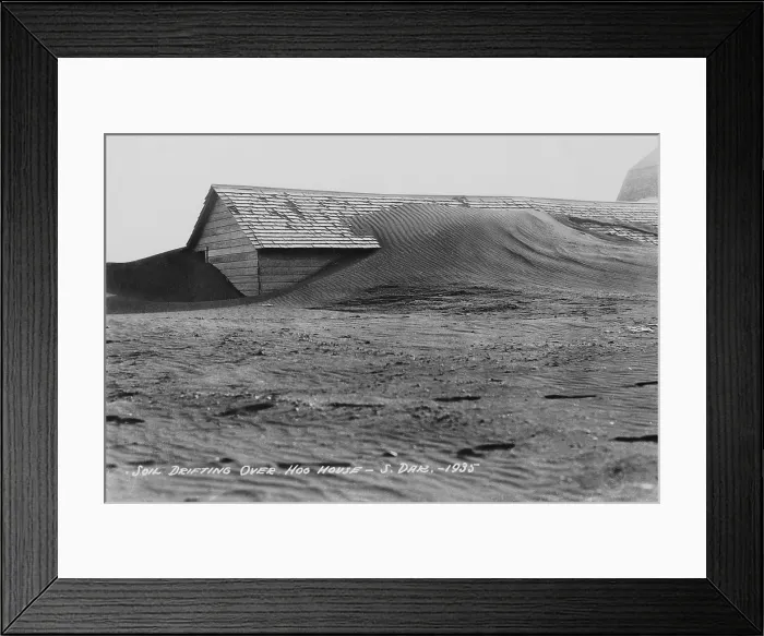 Framed Print : Soil drifting over a farm building on a South Dakota farm in 1935 Framed Print : Soil drifting over a farm building on a South Dakota farm in 1935