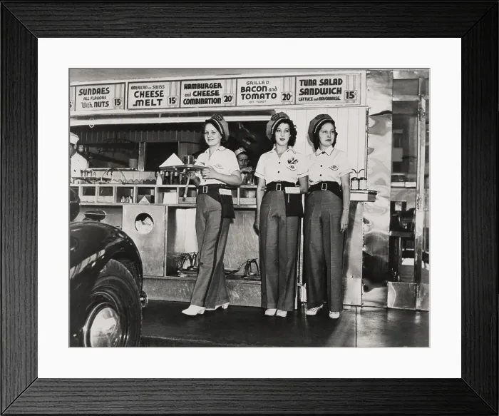 Framed Print : Drive-in restaurant in Hollywood, Los Angeles. June 29, 1938. The waitresses wear pseudo Highway Patrol Uniforms Framed Print : Drive-in restaurant in Hollywood, Los Angeles. June 29, 1938. The waitresses wear pseudo Highway Patrol Uniforms
