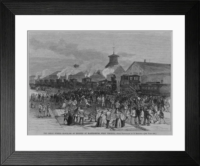 Framed Print : Blockade of engines at Martinsburg, West Virginia, the starting place of the 45 day long Railroad Strike of 1877, which became a multi-state disturbance. July 16, 1877