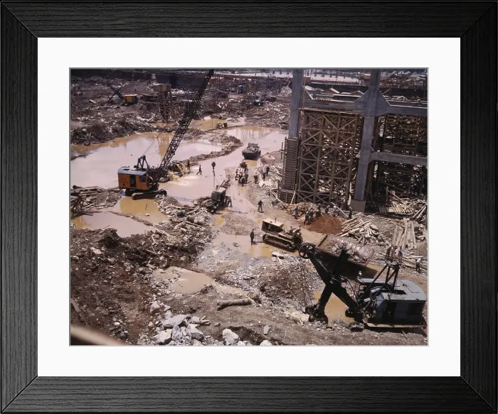 Framed Print : Heavy equipment in the mud of Tennessee Valley Authority's Douglas Dam construction