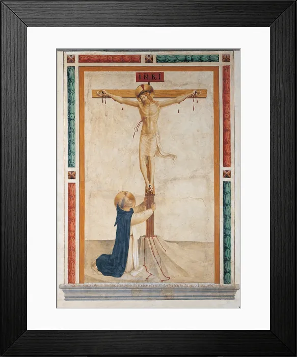 Framed Print : St Dominic Prays Embracing the Crucifix, by Guido di Pietro (Piero) known as Beato Angelico, 1438 - 1446 about, 15th Century, fresco, - Italy, Tuscany, Florence