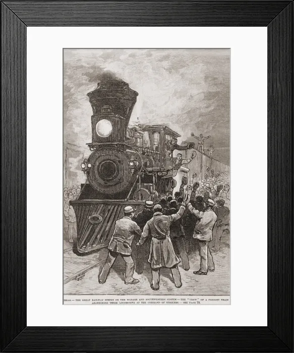 Framed Print : The crew of a freight train abandon their locomotive at the strikers command during the railway strike on the Wabash and Southwestern system. Texas, March 1885