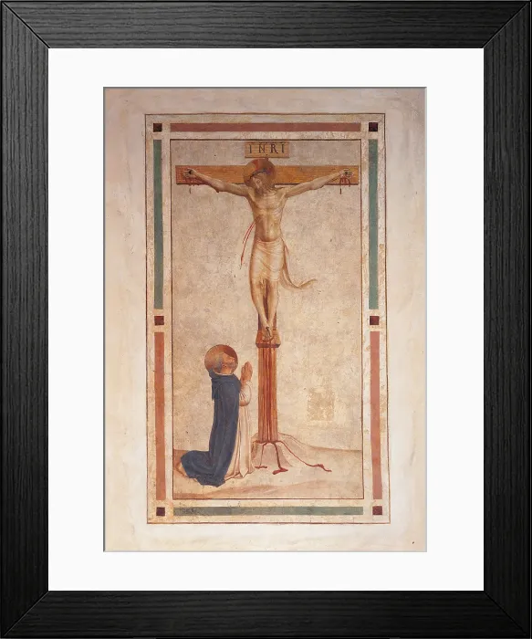 Framed Print : Crucifixion with St Dominic, by Guido di Pietro (Piero) known as Beato Angelico, 1438 - 1446 about, 15th Century, fresco, - Italy, Tuscany, Florence, San Marco Museum. All