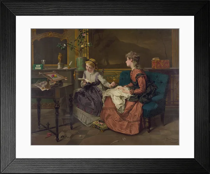 Framed Print : Domestic scene with two girls, one reading to another who sews. 1873 Framed Print : Domestic scene with two girls, one reading to another who sews. 1873