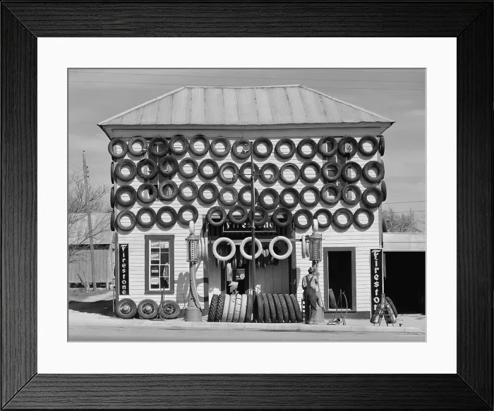 Framed Print : Secondhand tires displayed for sale at San Marcos, Texas. 1940 photograph by Russell Lee