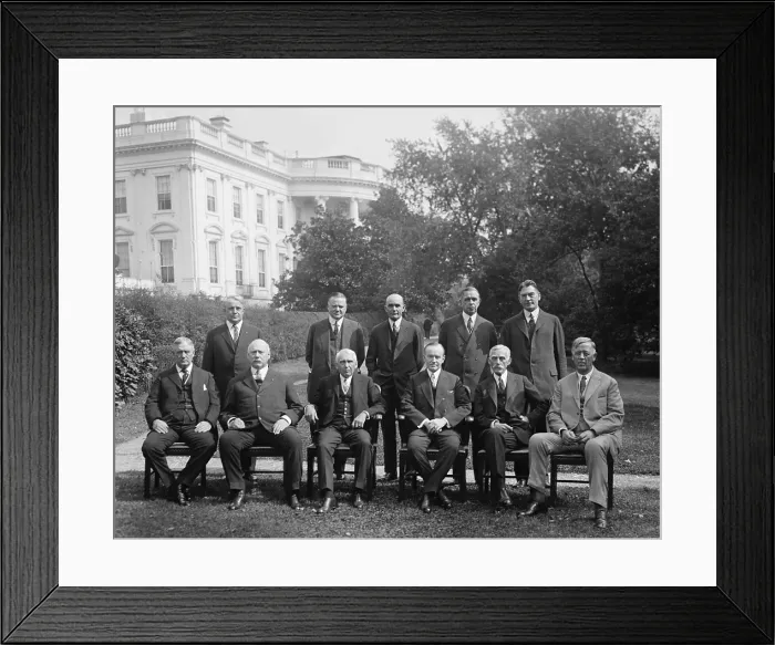 Framed Print : President Calvin Coolidge with his Cabinet, Oct. 13, 1925. Seated, L-R: Harry New, Postmaster; John Weeks, Sec. of War; Frank Kellogg, Sec