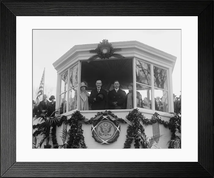 Framed Print : President Calvin Coolidge and VP Charles Dawes in the reviewing stand for their Inaugural Parade. Jan. 20, 1925 Framed Print : President Calvin Coolidge and VP Charles Dawes in the reviewing stand for their Inaugural Parade. Jan. 20, 1925