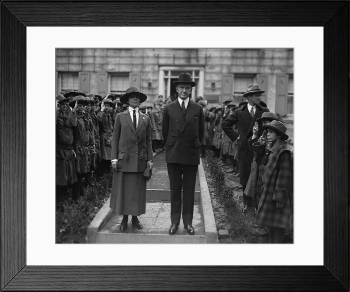 Framed Print : Girl Scouts salute President Calvin Coolidge and Grace Coolidge at the Girl Scout Little House. The First Lady wears her Girl Scout Uniform. Washington, D.C. Nov. 6, 1925 Framed Print : Girl Scouts salute President Calvin Coolidge and Grace Coolidge at the Girl Scout Little House. The First Lady wears her Girl Scout Uniform. Washington, D.C. Nov. 6, 1925