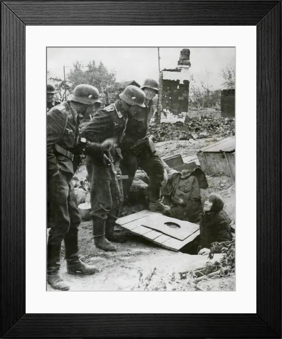 Framed Print : In Stalingrad, German soldiers extract an old Russian elderly woman from her hiding place. Late summer, 1942. World War 2 (BSLOC_2015_13_108)