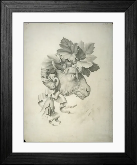 Framed Print : Study for the Print of a Ram Head Adorned with Vine Leaves, by Luigi Bramati, 1820, 19th Century, watercolourl on paper - Italy, Lombardy, Milan, Brera Fine Arts Academy
