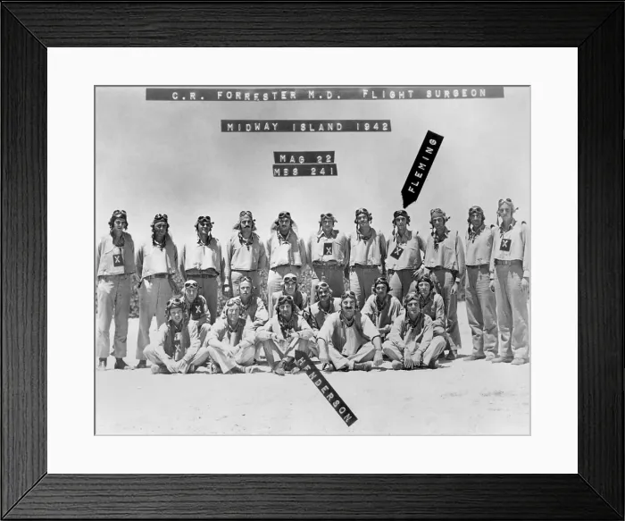 Framed Print : X over image of each man who was killed in action in Battle of Midway, June 3-7, 1942. Pilots of Marine Scout Bombing Squadron VMSB 241 on Midway Atoll in 1942. Lofton R
