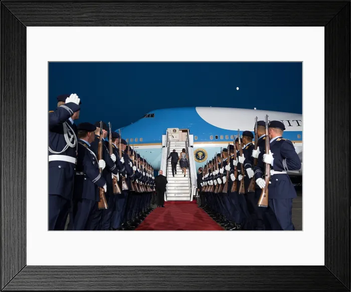 Framed Print : President Barack Obama and First Lady Michelle Obama departing Berlin, Germany. June 19, 2013. A 25 man honor guard lines their path at U.S