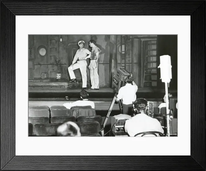 Framed Print : Henry Fonda plays to an audience of lights and television cameras from the Broadway stage Framed Print : Henry Fonda plays to an audience of lights and television cameras from the Broadway stage