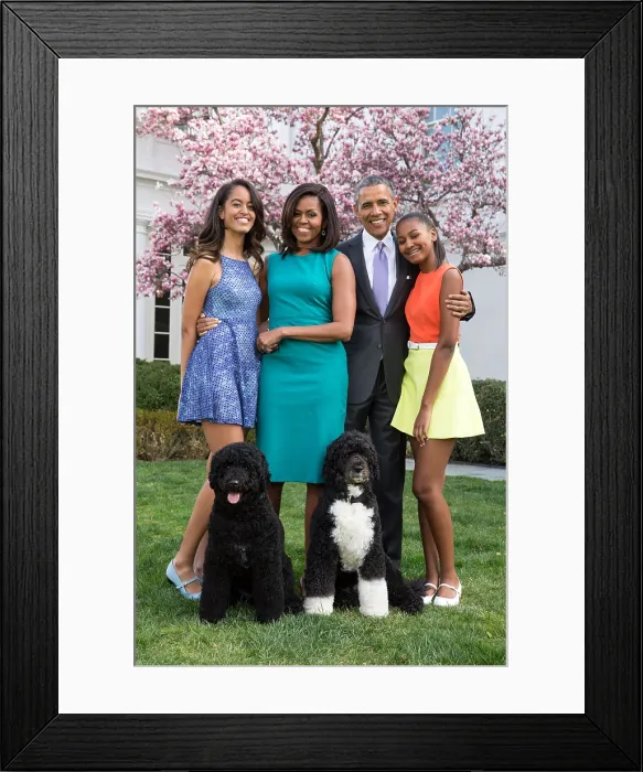 Framed Print : Obama Family photo in the White House Rose Garden, Easter Sunday, April 5, 2015. L-R: Malia, First Lady Michelle, the President, and Sasha with dogs Sunny and Bo