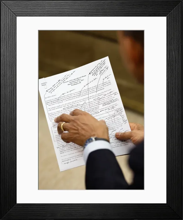 Framed Print : President Barack Obama works on his inaugural address with Jon Favreau, Dir. Of Speechwriting. Oval Office, Jan. 16, 2013. (Favreau is not pictured) (BSLOC_2015_13_142)