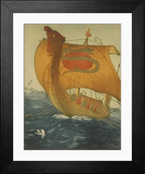 Framed Print : THE DRAGON SHIP. Viking ship at sea. Etching by John Taylor Arms 1922 Framed Print : THE DRAGON SHIP. Viking ship at sea. Etching by John Taylor Arms 1922