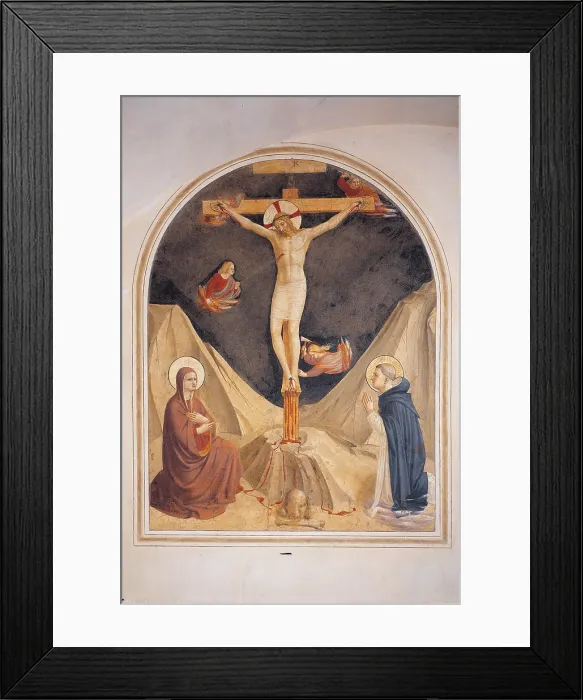 Framed Print : The Crucifixion with the Virgin Mary, a Dominican Saint praying and two angels, by Guido di Pietro (Piero) known as Beato Angelico, 1438 - 1446 about, 15th Century, curved fresco Framed Print : The Crucifixion with the Virgin Mary, a Dominican Saint praying and two angels, by Guido di Pietro (Piero) known as Beato Angelico, 1438 - 1446 about, 15th Century, curved fresco