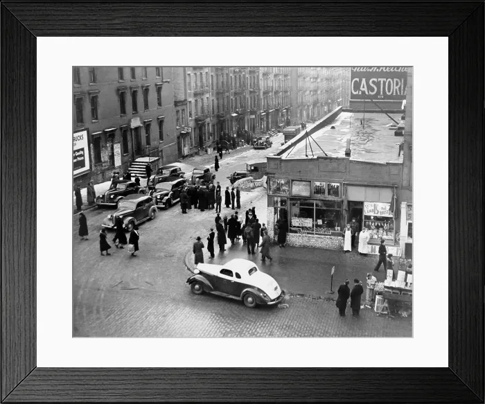 Framed Print : Federal Bureau of Narcotics agents blockade streets with their cars in a drug bust in the San Juan Hill neighborhood of New York City 1939 Framed Print : Federal Bureau of Narcotics agents blockade streets with their cars in a drug bust in the San Juan Hill neighborhood of New York City 1939