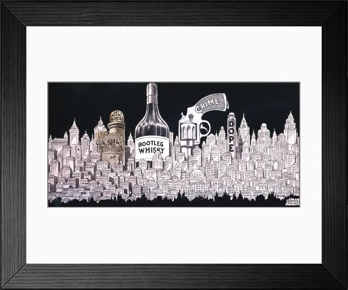 Framed Print : Winsor MaCay 1920's cartoon depicts a cityscape of Bootleg Whisky Crime Dope and Get Rich Quick money lust