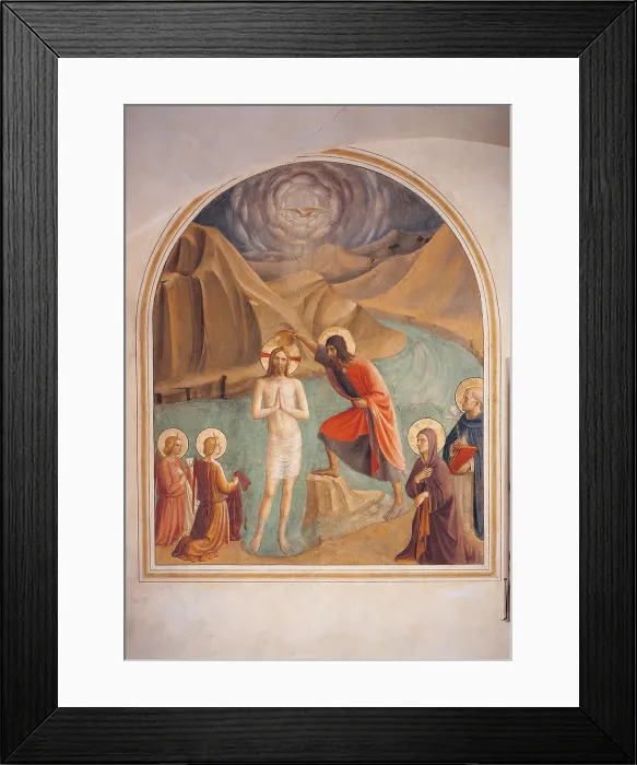 Framed Print : The Baptism of Christ, by Guido di Pietro (Piero) known as Beato Angelico, 1438 - 1446 about, 15th Century, curved fresco, - Italy, Tuscany, Florence, San Marco Convent Framed Print : The Baptism of Christ, by Guido di Pietro (Piero) known as Beato Angelico, 1438 - 1446 about, 15th Century, curved fresco, - Italy, Tuscany, Florence, San Marco Convent