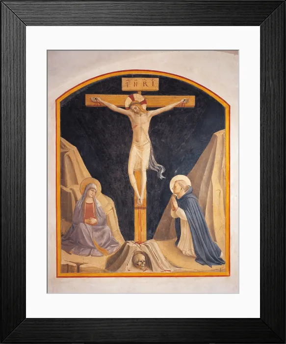 Framed Print : The Crucifixion with the Virgin Mary and St Dominic, by Guido di Pietro (Piero) known as Beato Angelico, 1438 - 1446 about, 15th Century, curved fresco, - Italy, Tuscany