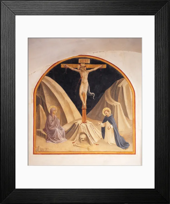 Framed Print : The Crucifixion with the Virgin Mary and St Dominic, by Guido di Pietro (Piero) known as Beato Angelico, 1438 - 1446 about, 15th Century, curved fresco, - Italy, Tuscany Framed Print : The Crucifixion with the Virgin Mary and St Dominic, by Guido di Pietro (Piero) known as Beato Angelico, 1438 - 1446 about, 15th Century, curved fresco, - Italy, Tuscany