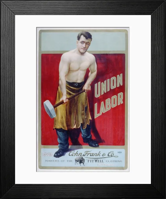 Framed Print : The words Union Labor are prominently displayed on an advertisement for Cohn, Frank & Company, makers of the Fit Well clothing. Ca. 1905