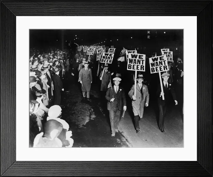 Framed Print : Labor union members protesting Prohibition in Newark New Jersey carrying signs reading We want beer. October 1931