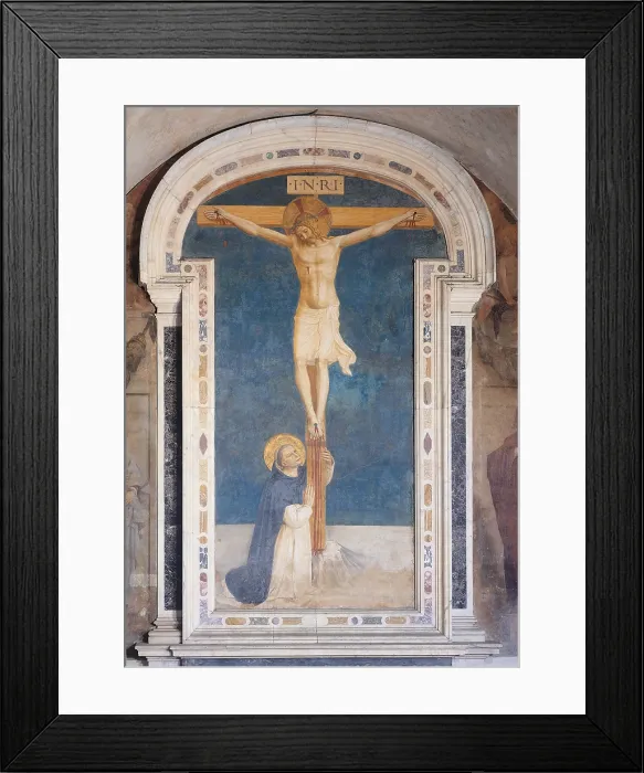 Framed Print : St Dominic at the feet of Jesus Crucified, by Guido di Pietro (Piero) known as Beato Angelico, 1438 - 1446 about, 15th Century, curved fresco with marble frame