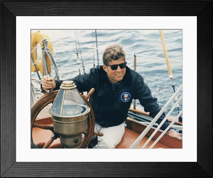 Framed Print : President Kennedy sailing aboard the US Coast Guard yacht Manitou in Narragansett Bay, Rhode Island. August 26, 1962 Framed Print : President Kennedy sailing aboard the US Coast Guard yacht Manitou in Narragansett Bay, Rhode Island. August 26, 1962