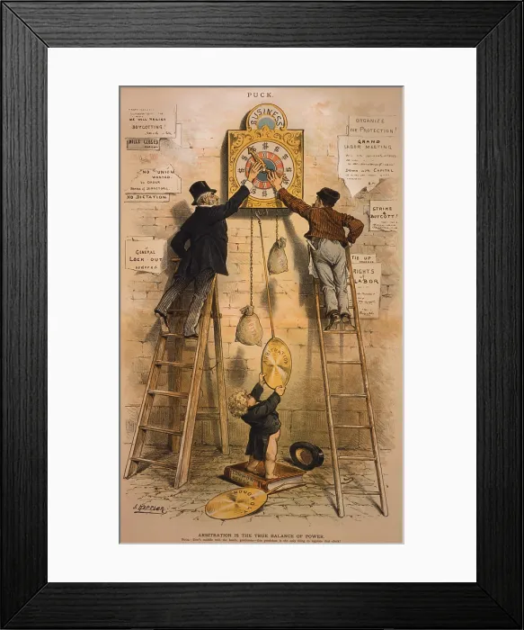 Framed Print : ARBITRATION IS THE TRUE BALANCE OF POWER. Political cartoon advocating arbitration indicating the growing acceptance of organized labor in the 1880s Framed Print : ARBITRATION IS THE TRUE BALANCE OF POWER. Political cartoon advocating arbitration indicating the growing acceptance of organized labor in the 1880s