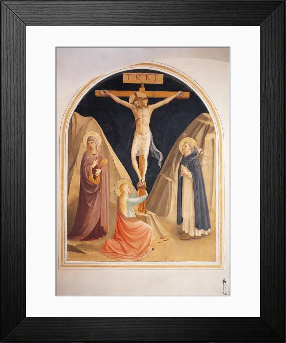 Framed Print : The Crucifixion with the Virgin, Mary Magdalene and St Dominic, by Guido di Pietro (Piero) known as Beato Angelico, 1438 - 1446 about, 15th Century, curved fresco, - Italy