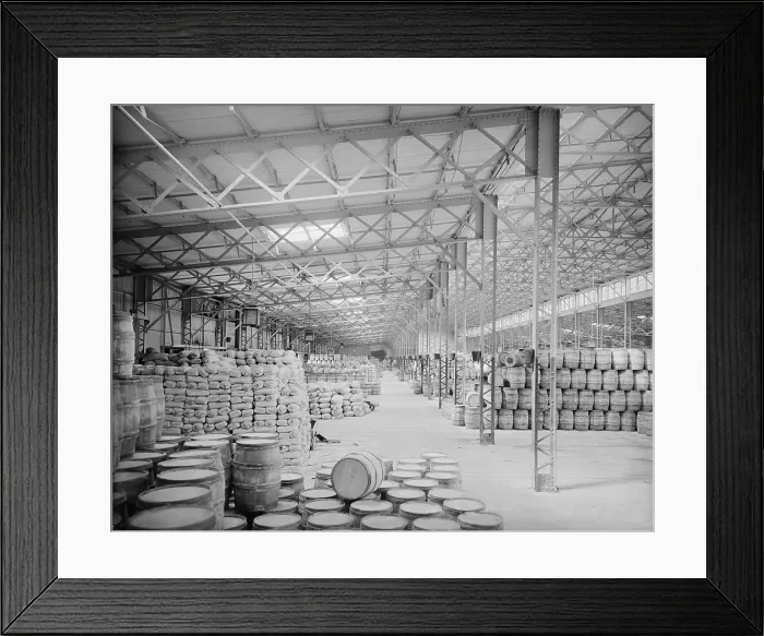 Framed Print : Hundreds of barrels and sacks in the New York Central Railroad freight sheds, Buffalo, New York. Ca. 1900