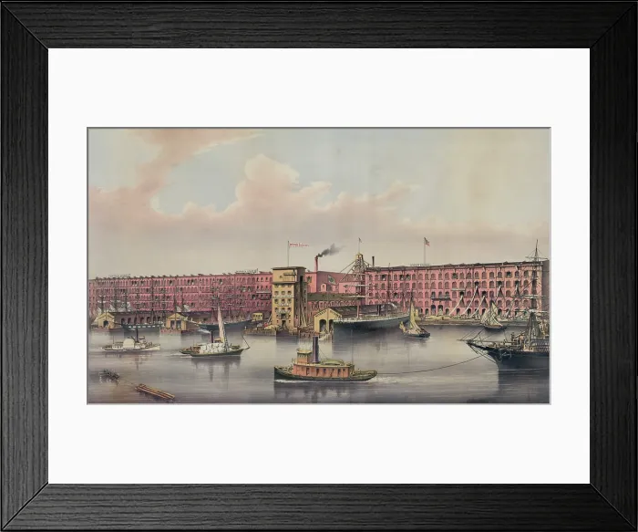 Framed Print : Commercial ship traffic in front of the E.B. Bartlett & Company warehouse in Red Hook, Brooklyn, New York. 1880