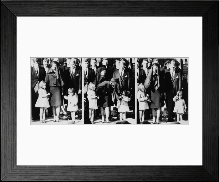 Framed Print : Kennedy family following Requiem mass for the assassinated President. Photo sequence shows Jacqueline Kennedy leaning to speak to her son, and John Kennedy Jr