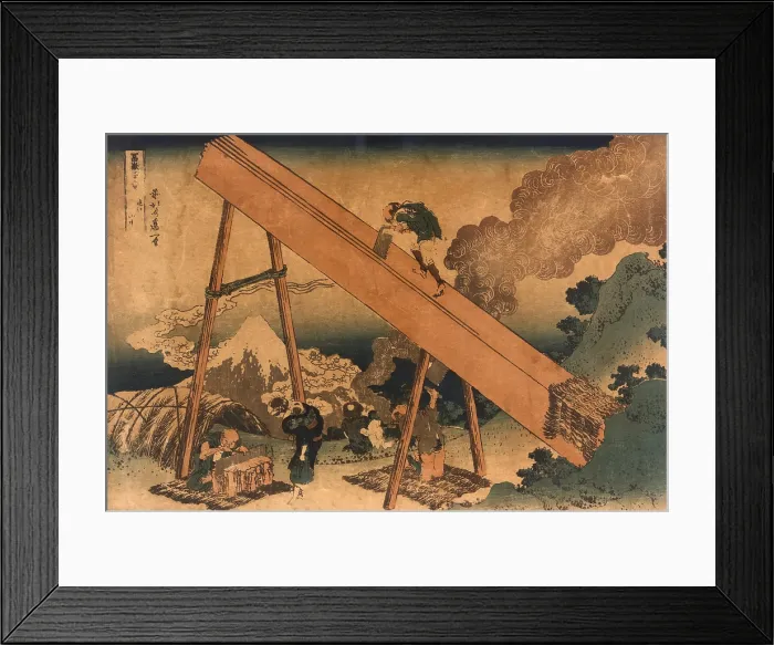 Framed Print : 19th century Japanese print shows two men sawing lumber from a large log. Another man is sharpening a saw while a woman with an infant on her back, watches Framed Print : 19th century Japanese print shows two men sawing lumber from a large log. Another man is sharpening a saw while a woman with an infant on her back, watches
