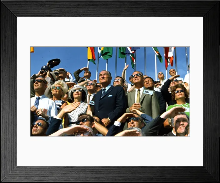 Framed Print : Moon launch. Vice President Spiro Agnew and former President Lyndon B. Johnson view the liftoff of Apollo 11 at Kennedy Space Center. July 16, 1969