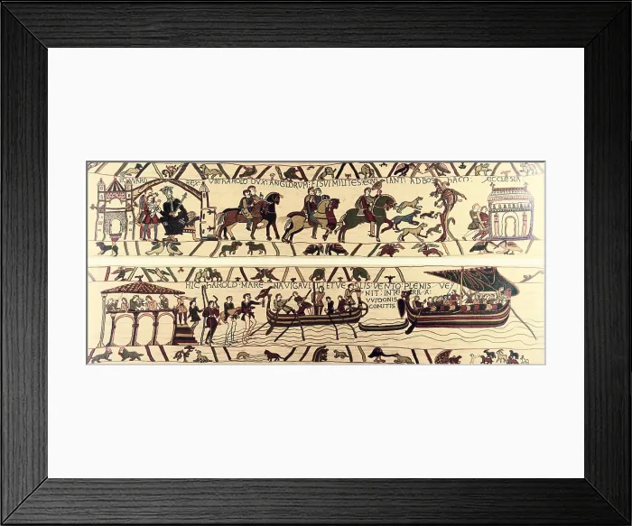 Framed Print : Tapestry of Bayeux. The complete tapestry depicts the Norman invansion of England. Knights of King Edward III (upper part) and naves of Harold II (down). Detail. Fresco. FRANCE