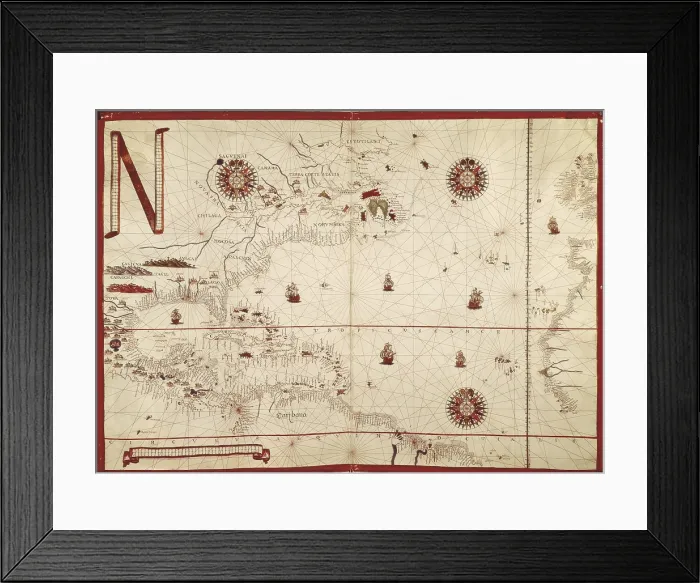 Framed Print : MARTINES, Joan (1556-1591). Catalan or Majorcan cartographer. Royal cartographer of Philip II of Spain. Portolan chart made in Messina. 1587. Map of the North Atlantic Ocean